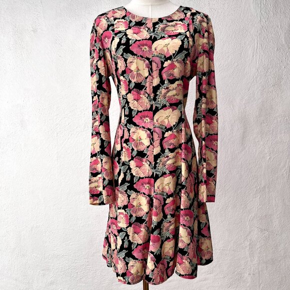 Vintage 90s Ashley Brooke Long Sleeve Floral Rayon Swing Dress VTG 10 / Modern 6 - Picture 3 of 15